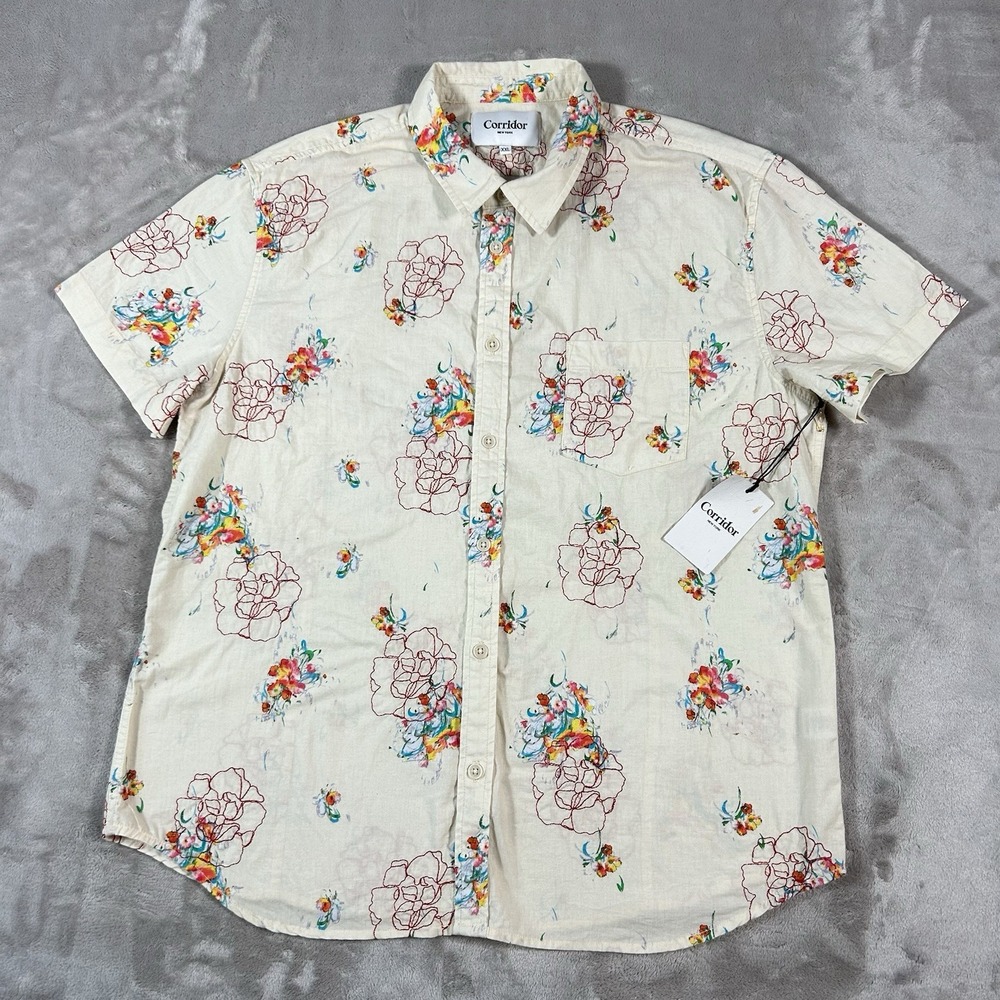 Corridor NYC Mens 2XL Natural Embroidered Bouquet Hawaiian Art Shirt NWT